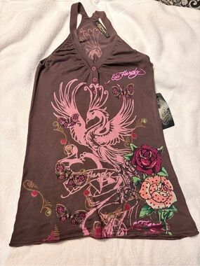 Ed Hardy Brown Halter Camisole with Pink Graphic